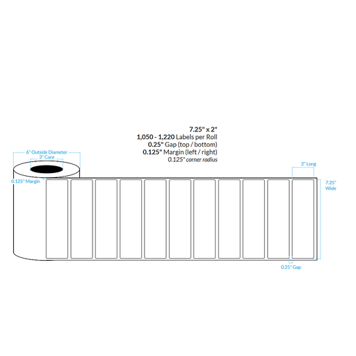 [100274-3X6-MWB-113-1000000] 7.25" X 2" MATTE WHITE Polypropylene BOPP {ROUNDED CORNERS} Roll Labels  (3"CORE/6"OD)