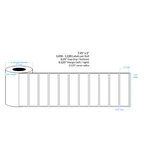 [100274-3X6-R413-113-1000000] 7.25" X 2" MATTE WHITE Polypropylene BOPP {ROUNDED CORNERS} Roll Labels  (3"CORE/6"OD)