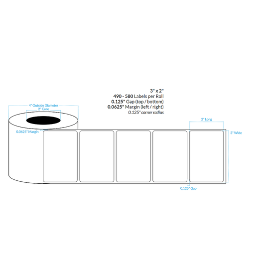 [100907-2X4-R31-195-1000000] 3" x 2"  HIGH GLOSS WHITE Polypropylene BOPP {ROUNDED CORNERS} Roll Labels  (2"CORE/4"OD)
