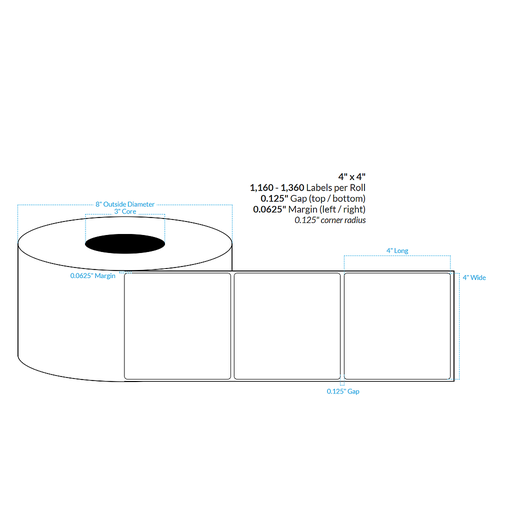[100548-3X8-HGB-161-1000000] 4" x 4" HIGH GLOSS WHITE Polypropylene BOPP {ROUNDED CORNERS} Roll Labels (3"CORE/8"OD)