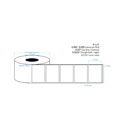[100265-3X8-G21-182-1000000] 4" x 3" HIGH GLOSS WHITE PAPER {SQUARE CORNERS} Roll Labels (3"CORE/8"OD)