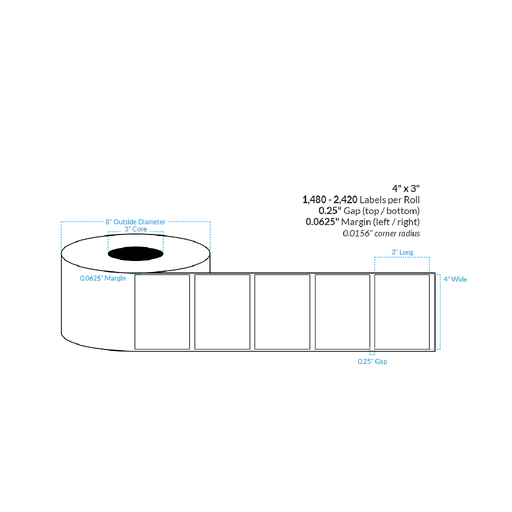[100265-3X8-HGWP-182-1000000] 4" x 3" HIGH GLOSS WHITE PAPER {SQUARE CORNERS} Roll Labels (3"CORE/8"OD)