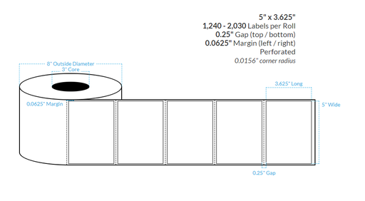 [100416-3X8-HGWP-182-1000000] 5" x 3.625" HIGH GLOSS WHITE PAPER {SQUARE CORNERS-PERFORATED} Roll Labels (3"CORE/8"OD)