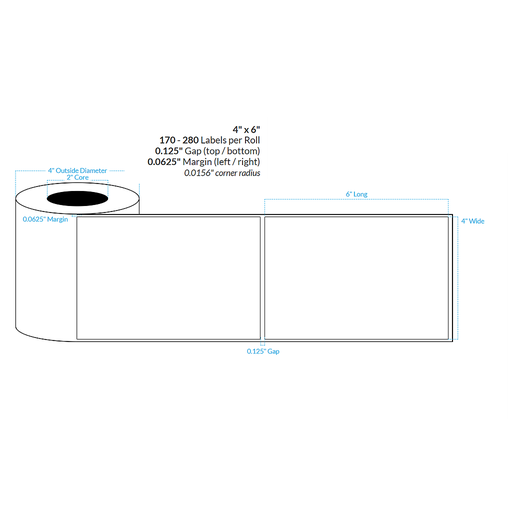 [102473-2X4-HGB-195-1000000] 4" X 6" HIGH GLOSS WHITE Polypropylene BOPP {SQUARE CORNERS} Roll Labels  (2"CORE/4"OD)