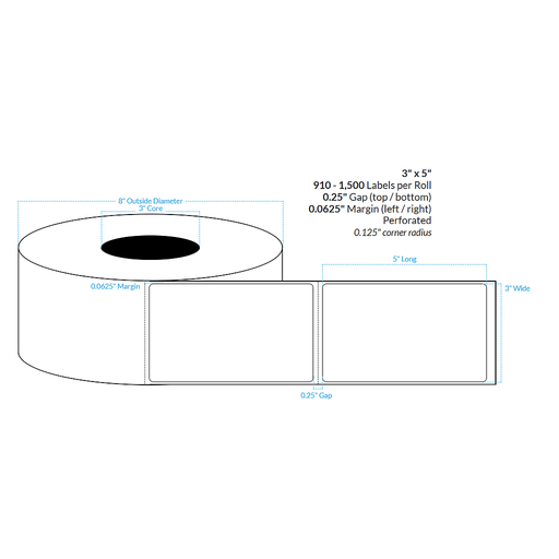 [100538-3X8-MWB-129-1000000] 3" x 5"  MATTE WHITE Polypropylene BOPP {ROUNDED CORNERS} PERFORATED Roll Labels  (3"CORE/8"OD)