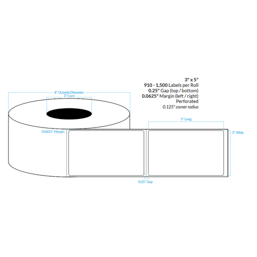 [100538-3X8-R413-129-1000000] 3" x 5"  MATTE WHITE Polypropylene BOPP {ROUNDED CORNERS} PERFORATED Roll Labels  (3"CORE/8"OD)