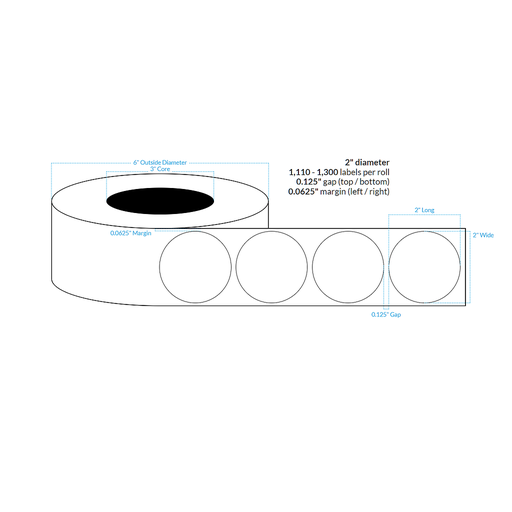 [101720-3X6-HGB-113-1000000] 2" HIGH GLOSS WHITE Polypropylene BOPP {CIRCLE} Roll Labels (3"CORE/6"OD)