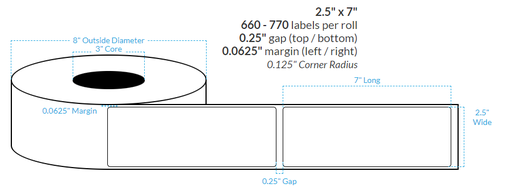 [102696-3X8-MWP-183-1000000] 2.5" x 7"  MATTE WHITE PAPER {SQUARE CORNERS} Roll Labels (3"CORE/8"OD)