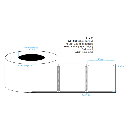 [101574-2X4-G11-195-1000000] 2" x 2"  MATTE WHITE PAPER {ROUNDED CORNERS} PERFORATED Roll Labels  (2"CORE/4"OD)