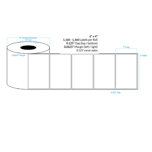 [100563-3X8-RHGB-110-1000000] 6" X 4" REMOVABLE HIGH GLOSS WHITE Polypropylene BOPP {SQUARE CORNERS} Roll Labels  (3"CORE/8"OD)