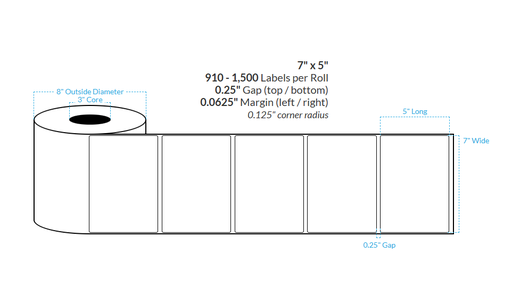 [103164-3X8-HGB-184-1000000] 7" x 5" HIGH GLOSS WHITE Polypropylene BOPP {ROUNDED CORNERS} Roll Labels  (3"CORE/8"OD)