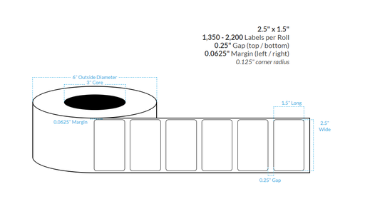 [101625-3X6-HGB-113-1000000] 2.5" x 1.5" HIGH GLOSS WHITE Polypropylene BOPP {ROUNDED CORNERS} Roll Labels (3"CORE/6"OD)