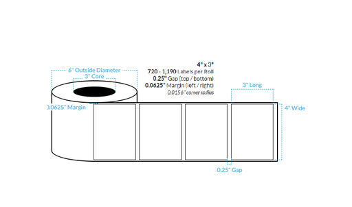 [100265-3X6-MWP-149-1000000] 4" x 3" MATTE WHITE PAPER {SQUARE CORNERS} Roll Labels (3"Core/6"OD)