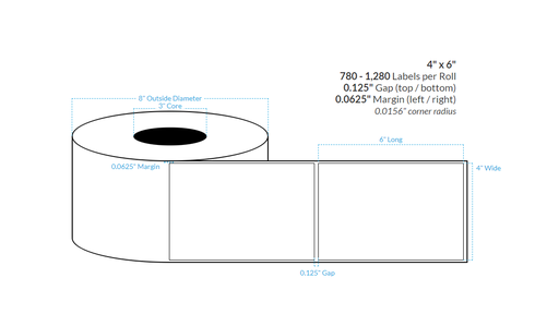 [102473-3X8-RMWB-160-1000000] 4" x 6" REMOVABLE MATTE WHITE Polypropylene BOPP {SQUARE} Roll Labels  (3"CORE/8"OD)