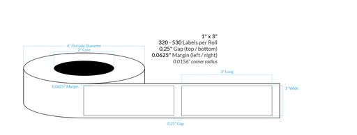[100501-2X4-HGB-195-1000000] 1" x 3" HIGH GLOSS WHITE Polypropylene BOPP {SQUARE CORNERS} Blank Roll Labels (2"CORE/4"OD)