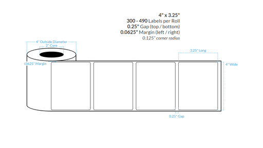 [101226-2X4-HGB-125-1000000] 4" x 3.25" HIGH GLOSS WHITE Polypropylene BOPP {ROUNDED CORNERS} Roll Labels  (2"CORE/4"OD)