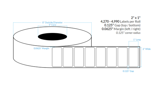 [100446-3X8-MWB-129-1000000] 2" x 1" MATTE WHITE Polypropylene BOPP {ROUNDED CORNERS} Roll Labels  (3"CORE/8"OD)