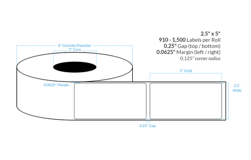 [100338-3X8-HGBET-184-1000000] 2.5" x 5" HIGH GLOSS WHITE Polypropylene BOPP EXTREME TACK {SQUARE CORNERS} Roll Labels (3"CORE/8"OD)