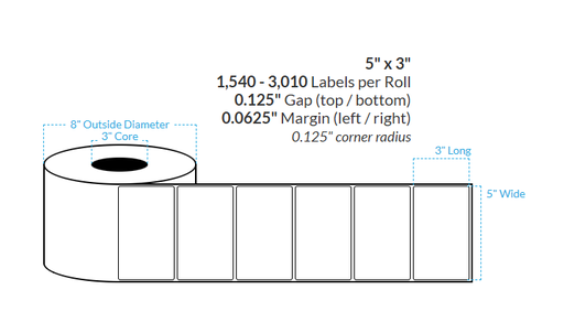 [100810-3X8-MWB-182-1000000] 5" x 3" MATTE Polypropylene BOPP {ROUNDED CORNERS} Roll Labels (3"CORE/8"OD)