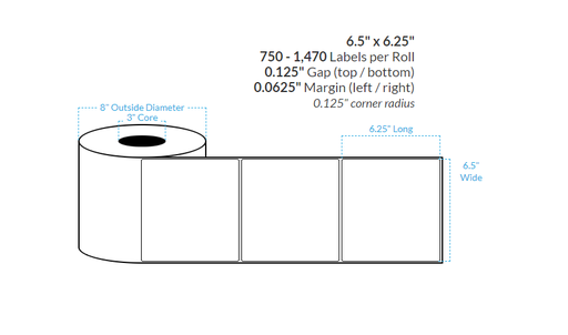[103065-3X8-MWB-182-1000000] 6.5" X 6.25" MATTE WHITE BOPP Polypropylene {ROUNDED CORNERS} Roll Labels  (3"CORE/8"OD)
