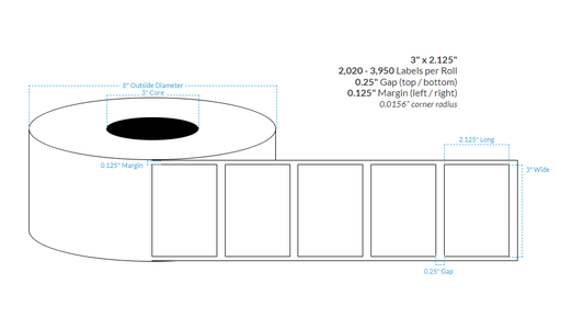 [103953-3X8-HGB-129-1000000] 3" x 2.125" HIGH GLOSS WHITE Polypropylene BOPP {SQUARE CORNERS}  Roll Labels (3" Core/8" OD)