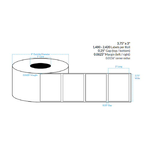 [103431-3X8-HGB-182-1000000] 3.75" x 3" HIGH GLOSS WHITE POLPROPYLENE BOPP {SQUARE CORNERS} Roll Labels (3"CORE/8"OD)