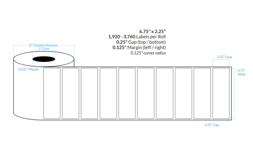 [101932-3X8-HGB-115-1000000] 6.75" X 2.25" HIGH GLOSS WHITE BOPP Polypropylene {ROUNDED CORNERS} Roll Labels  (3"CORE/8"OD)