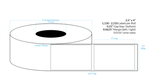 [102249-3X8-SaB-184-1000000] 2.5" x 4" SATIN Polypropylene BOPP {SQUARE CORNERS} Roll Labels (3"CORE/8"OD)