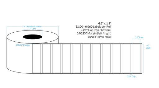 [103649-3X8-SaB-138-1000000] 4.5" x 1.3" SATIN Polypropylene BOPP {SQUARE CORNERS} Roll Labels  (3"CORE/8"OD)