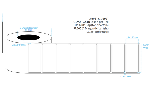 [100277-3X6-SaB-184-1000000] 3.803" x 1.693" SATIN Polypropylene BOPP {ROUNDED CORNERS} Roll Labels (3"CORE/6"OD)