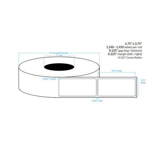 [100846-3X8-G11-161-1000000] 1.75" x 3.75" MATTE WHITE PAPER {ROUNDED CORNERS} Roll Labels  (3"CORE/8"OD)