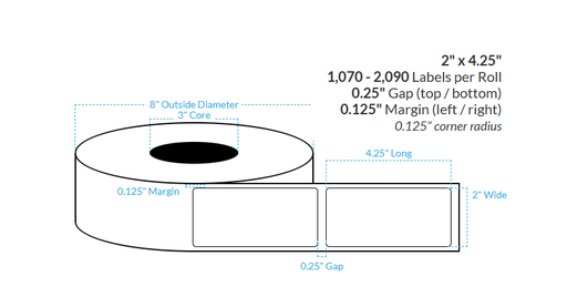 [100719-3X8-MWP-161-1000000] 2" x 4.25" MATTE WHITE PAPER {ROUNDED CORNERS} Roll Labels  (3"CORE/8"OD)