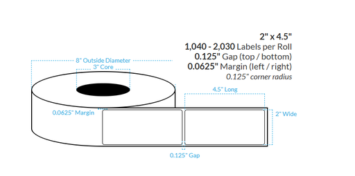 [101071-3X8-MWP-161-1000000] 2" x 4.5" MATTE WHITE PAPER {ROUNDED CORNERS} Roll Labels  (3"CORE/8"OD)