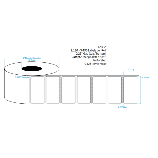 [102166-3X8-MW-182-1000000] 4" x 2.75" MATTE WHITE Polypropylene BOPP {ROUNDED CORNERS} Roll Labels (3"CORE/8"OD)