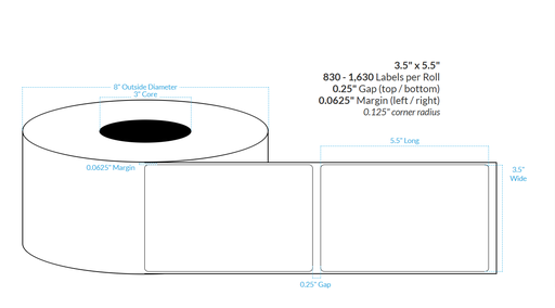 [100758-3X8-MWB-182-1000000] 3.5" x 5.5" MATTE Polypropylene (BOPP) {ROUNDED CORNERS} Roll Labels  (3"CORE/8"OD)