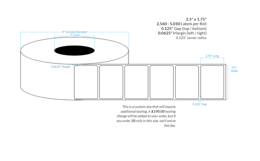 [000000-3X8-HGB-182-1000000] 2.5" x 1.75" HIGH GLOSS WHITE Polypropylene BOPP {ROUNDED CORNERS} Roll Labels (3"CORE/8"OD)