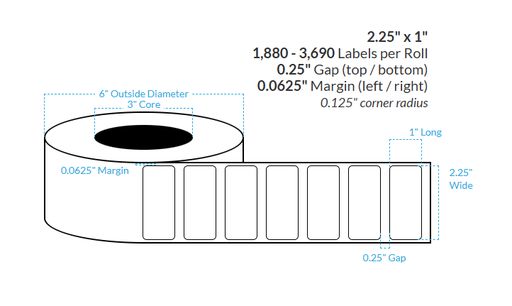 [100405-3X6-HGB-113-1000000] 2.25" X 1" HIGH GLOSS WHITE BOPP Polypropylene {ROUNDED CORNERS} Roll Labels  (3"CORE/6"OD)