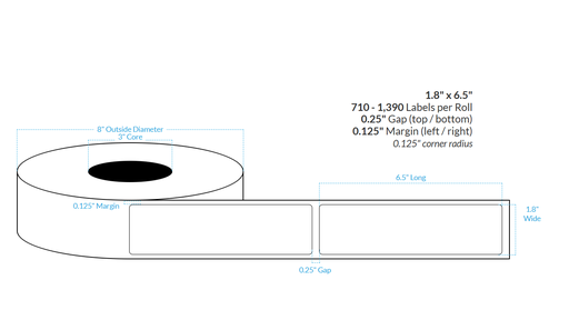 [100900-3X8-SB-182-1000000] 1.8" X 6.5" SILVER POLYPROPYLENE BOPP {ROUNDED CORNERS} Roll Labels  (3"CORE/8"OD)