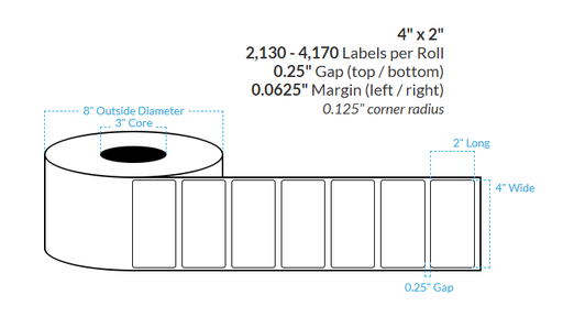 [100211-3X8-HGB-142-1000000] 4" x 2" HIGH GLOSS WHITE Polypropylene BOPP {ROUNDED CORNERS} Roll Labels (3"CORE/8"OD)