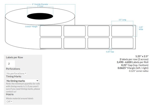 [104913-3X8-SaB-138-2000000] 1.25" x 2.5" SATIN Polypropylene BOPP {SQUARE CORNERS} Roll Labels  (3"CORE/8"OD) VP700