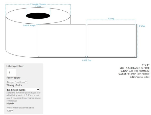 [100868-3X8-MWP-161-1000000] 4" X 6" MATTE WHITE PAPER {ROUND CORNERS} Roll Labels  (3"CORE/8"OD)