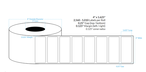 [100148-3X8-LCPET-163-1100000] 4" x 1.625" LASER CLEAR PET {ROUNDED CORNERS} Roll Labels  (3"CORE/8"OD)