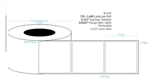 [103682-3X6-SSH-151-1000000] 3" x 3"  Smooth Silver Holographic PERFORATED {ROUNDED CORNERS} Roll Labels  (3"CORE/6"OD)