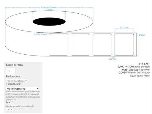 [100167-3X8-MWP-129-1000000] 2" x 1.75" MATTE WHITE PAPER {ROUNDED CORNERS} Roll Labels  (3"CORE/8"OD)