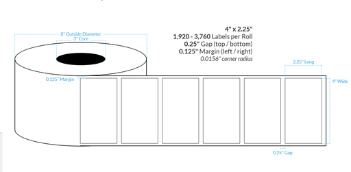 [101356-3X8-HGB-206-1000000] 4" x 2.25" HIGH GLOSS WHITE Polypropylene BOPP {SQUARE CORNERS} Roll Labels (3"CORE/8"OD)
