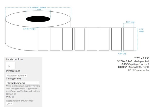 [104301-3X8-HGB-161-1000000] 2.75" x 1.25" HIGH GLOSS WHITE Polypropylene BOPP {SQUARE CORNERS} Roll Labels (3"CORE/8"OD)