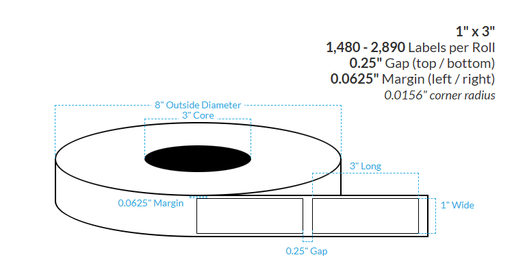 [100501-3X8-HGB-203-1000000] 1" x 3" CANON LX-P5510 HIGH GLOSS WHITE BOPP {SQUARE CORNERS} Roll Labels  (3"CORE/8"OD)