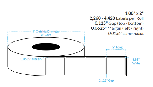 [104481-3X8-HGB-203-1000000] 1.88" x 2" CANON LX-P5510 HIGH GLOSS WHITE BOPP {SQUARE CORNERS} Roll Labels  (3"CORE/8"OD)