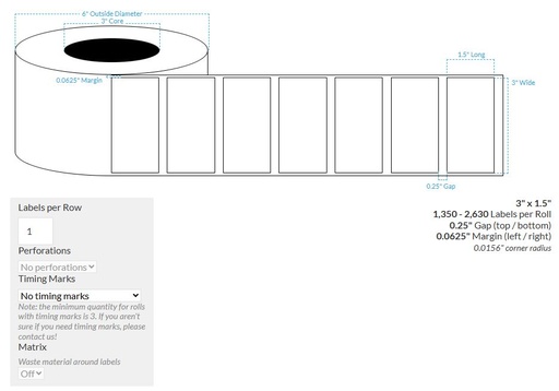 [IJG-3-15-1350-3NP-SPCL, 101852-3X6-HGWP-149-1000000] 3" x 1.5" GLOSS WHITE PAPER {SQUARE CORNERS} Roll Labels (3"Core/6"OD)