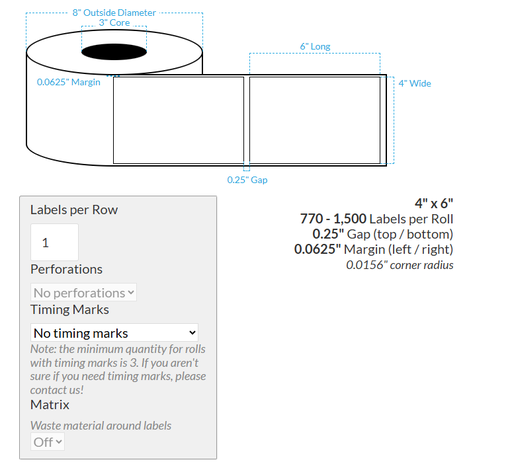 [102320-3X8-MWB-203-1000000] 4" x 6" CANON LX-P5510 MATTE WHITE BOPP {RECTANGLE/SQUARE CORNERS} Roll Labels  (3"CORE/8"OD)